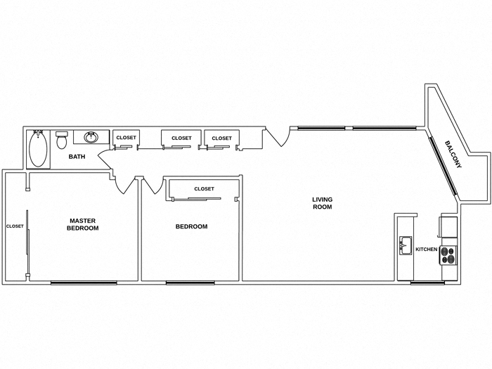 Floor plan for 2 beds, 1 bath, 900 sqft